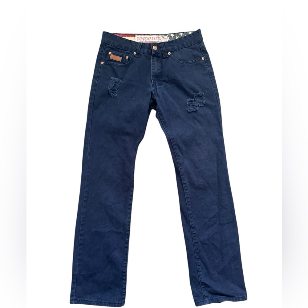 Winchester Embroidered Pocket Distressed Navy Blue Denim Men's Jeans Size 30